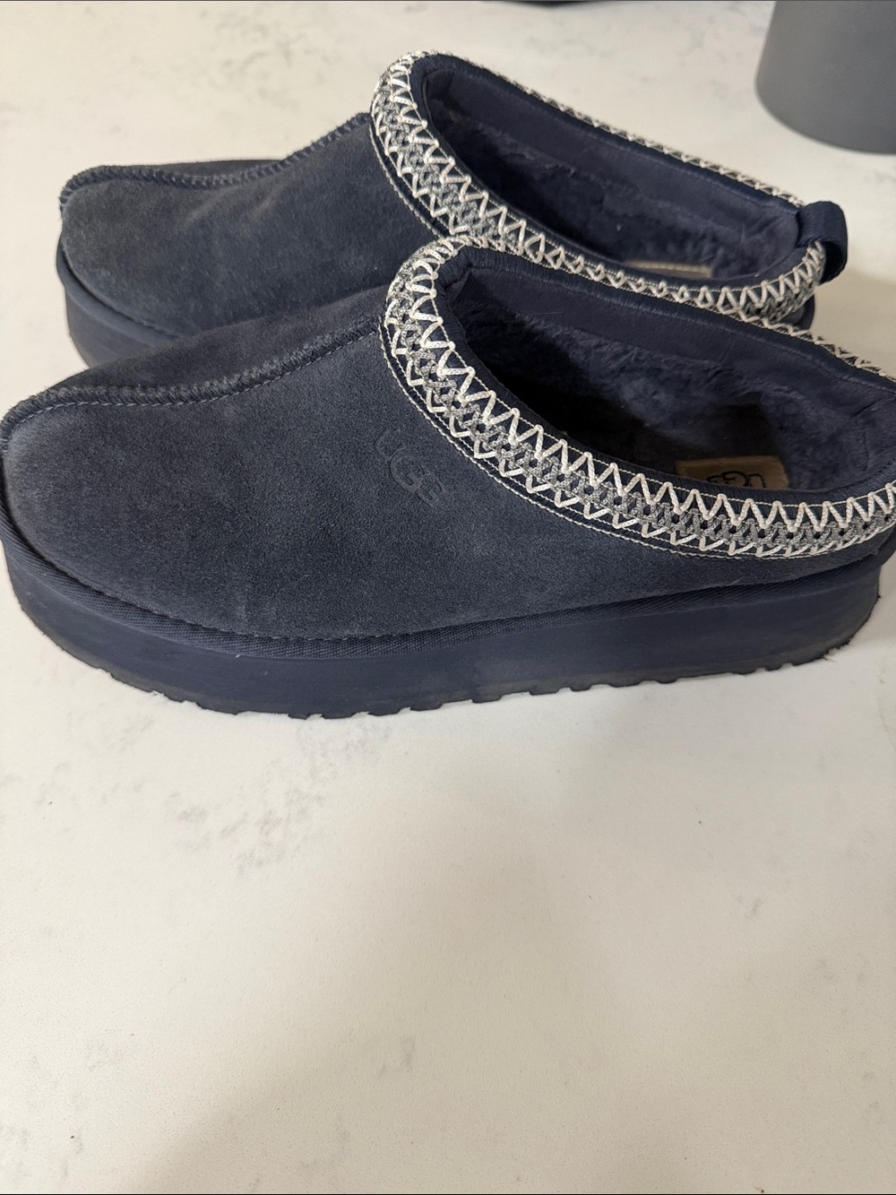 UGG Navy Suede Slip-On Platform Clog with Contrast Stitching